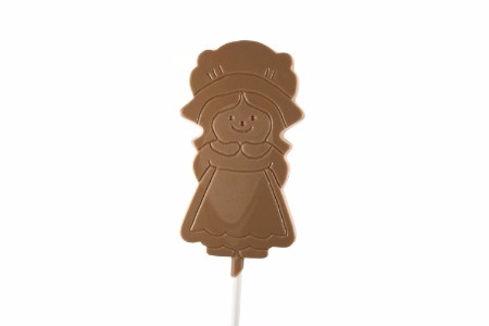 Chocolate Pilgrim Girl Lollipop (Flat) • Dunmore Candy Kitchen