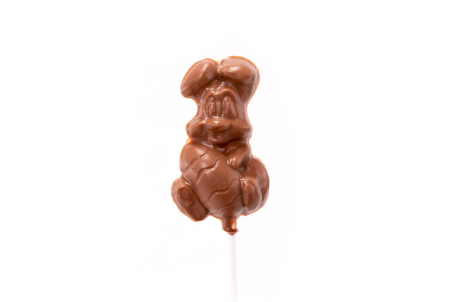 chocolate bunny holding egg lollipop
